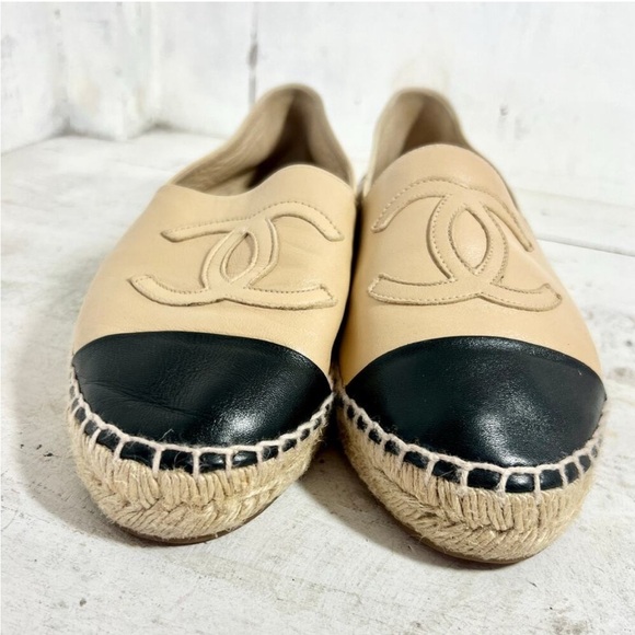 CHANEL Shoes - Chanel Lambskin Leather Cap Toe Espadrilles Loafer Flat Beige/Black Women's 37